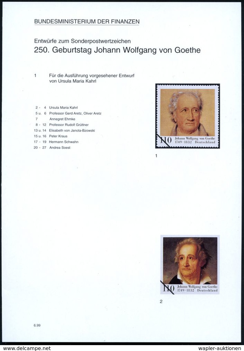 B.R.D. 1999 (Juni) 110 Pf. "250. Geburtstag Joh. W. V.Goethe", 27 Verschied. Color-Alternativ-Entwürfe Der Bundesdrucker - Ecrivains