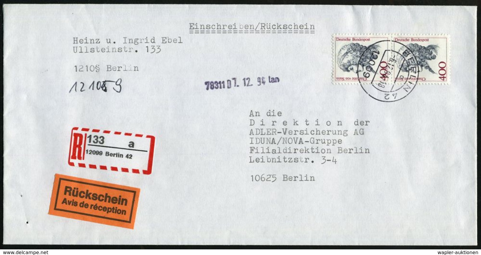 B.R.D. 1994 400 Pf. Charlotte V.Stein, Reine MeF: Senkr. Paar , + Selbstklebe-RZ: 12099 Berlin 42, Portorichtiger Orts-R - Schriftsteller