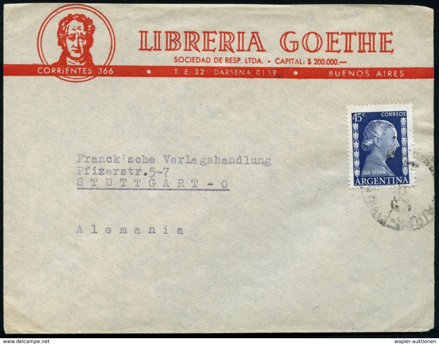 ARGENTINIEN 1952 Vordr.Bf.: LIBRERIA GOETHE (Goethe-Kopf) A. Übersee-Reklame-Bf.  (Mi.597/EF) - Reitsport: Retturniere / - Ecrivains