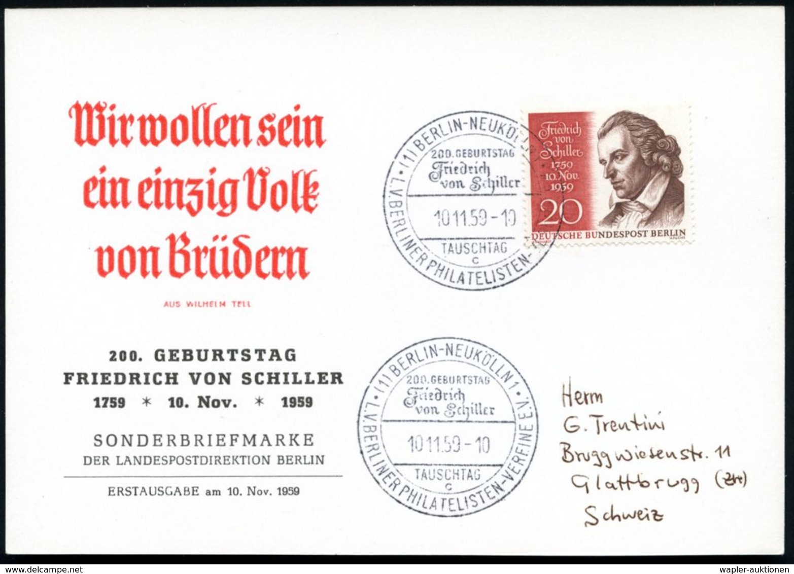 (1) BERLIN-NEUKÖLLN 1/ 200.GEBURTSTAG/ Friedr./ V.Schiller/ TAUSCHTAG/ C/ .. 1959 (10.11.) SSt A. EF 20 Pf. Schiller (Mi - Escritores