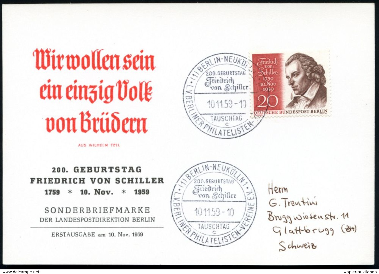 (1) BERLIN-NEUKÖLLN 1/ 200.GEBURTSTAG/ Friedr./ V.Schiller/ TAUSCHTAG/ C/ .. 1959 (10.11.) SSt A. EF 20 Pf. Schiller (Mi - Ecrivains