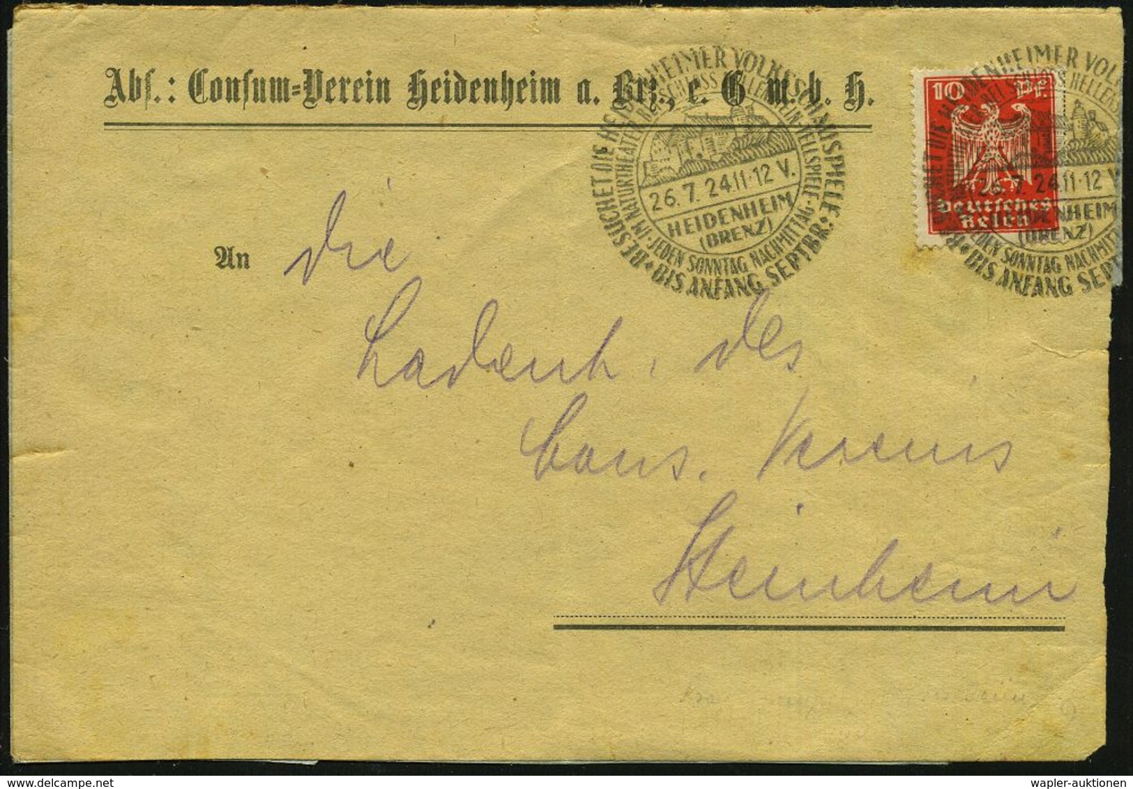 HEIDENHEIM/ (BRENZ)/ BESUCHT DIE HEIDENHEIMER VOLKSSCHAUSPIELE/ ..TELLSPIELE 1924 (8.8.) Seltener HWSt = Burg Hellenstei - Ecrivains