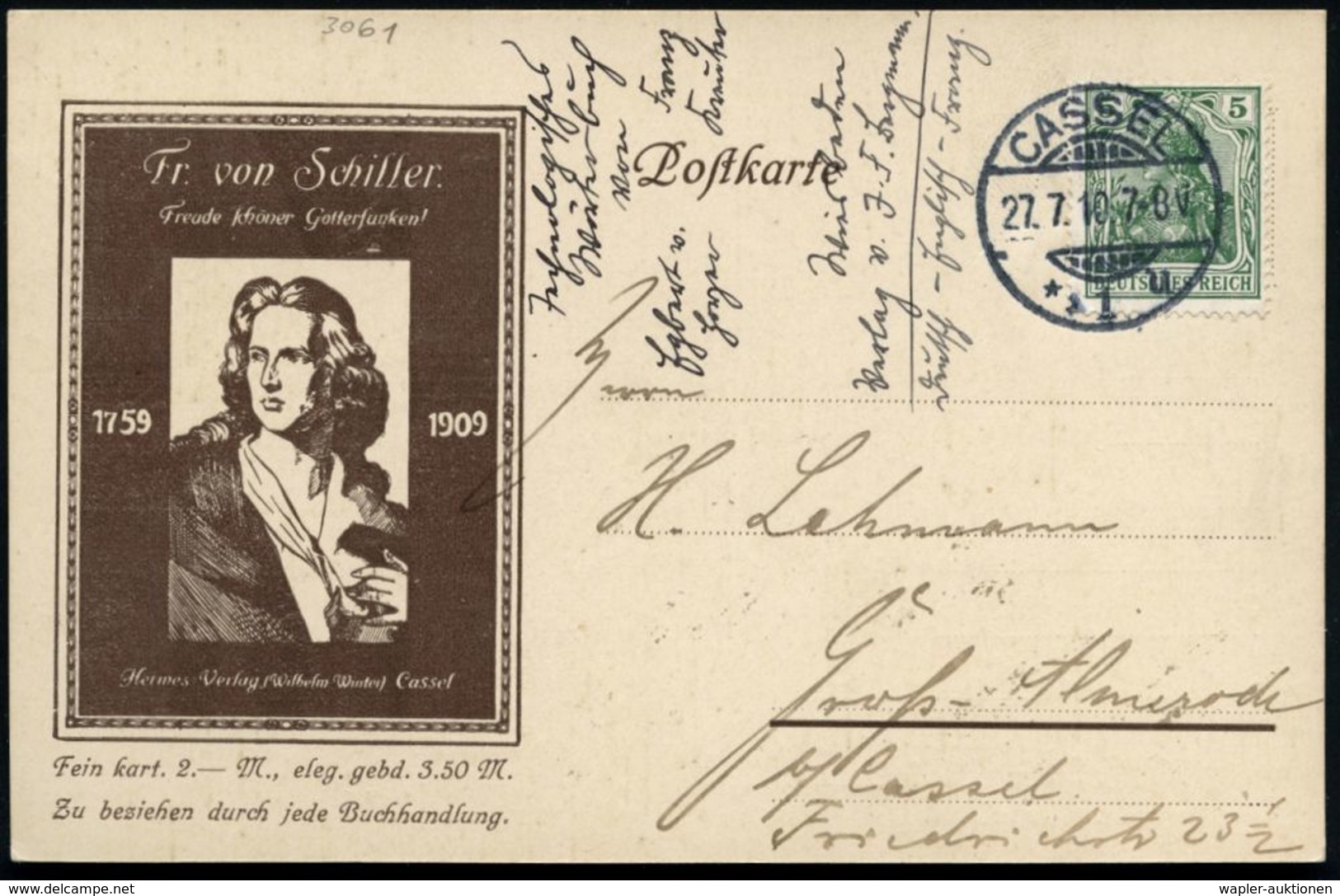 Kassel 1910 (27.7.) 1K-Gitter: CASSEL/*1u Auf Reklame-Kt.: Fr. Von Schiller (Schiller-Brustbild)  = Hermes-Verlag Cassel - Schriftsteller