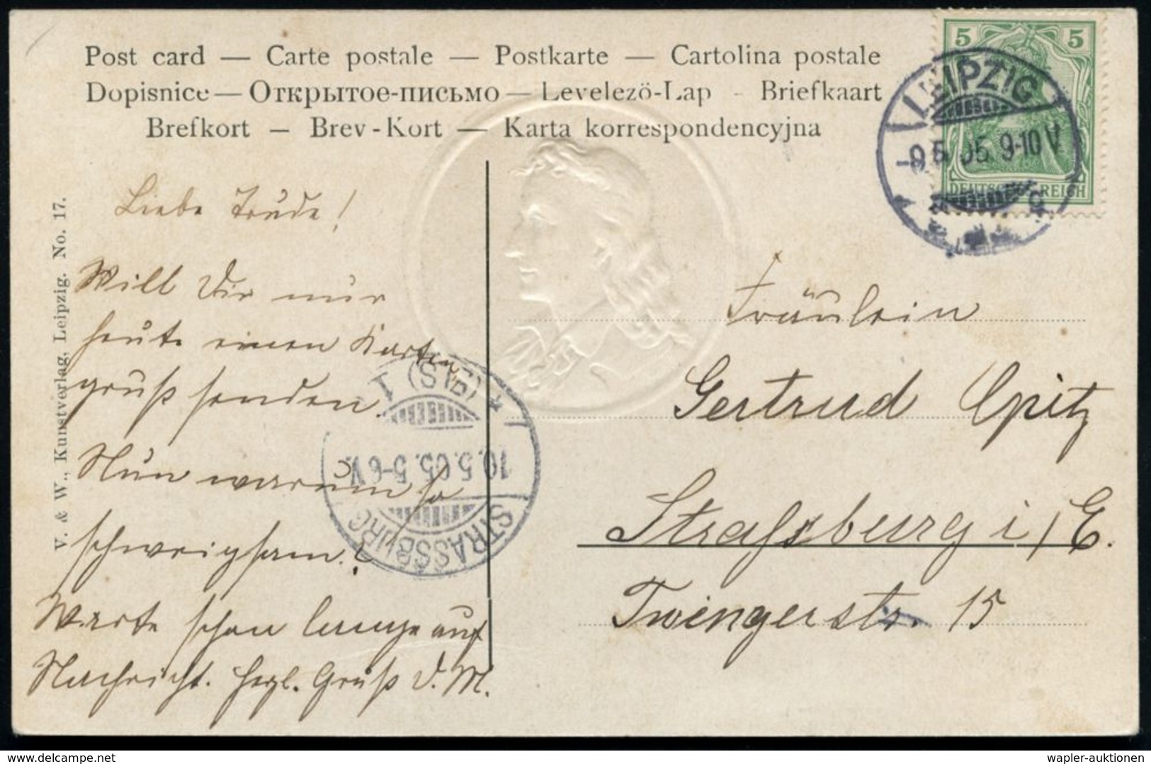 Leipzig 1905 (9.5.) Blind-Relief-Jubil.-Ak: 100. TODESTAG SCHILLER (Kopfbild/"Braut V.Messina") Bedarf (Mi.85 I, EF) - R - Ecrivains