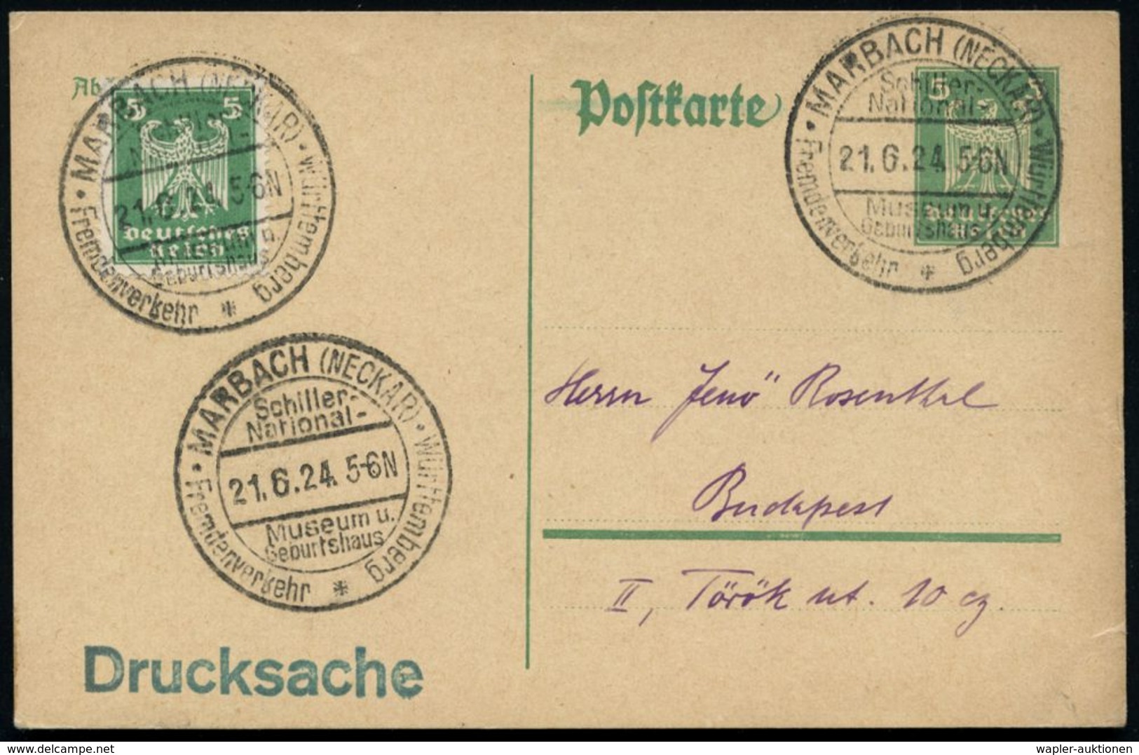 MARBACH (NECKAR)/ Schiller-/ National-/ Museum U./ Geburtshaus.. 1924 (21.6.) HWSt Klar Gest, (minim. Rißchen) Ausl.-Kar - Scrittori