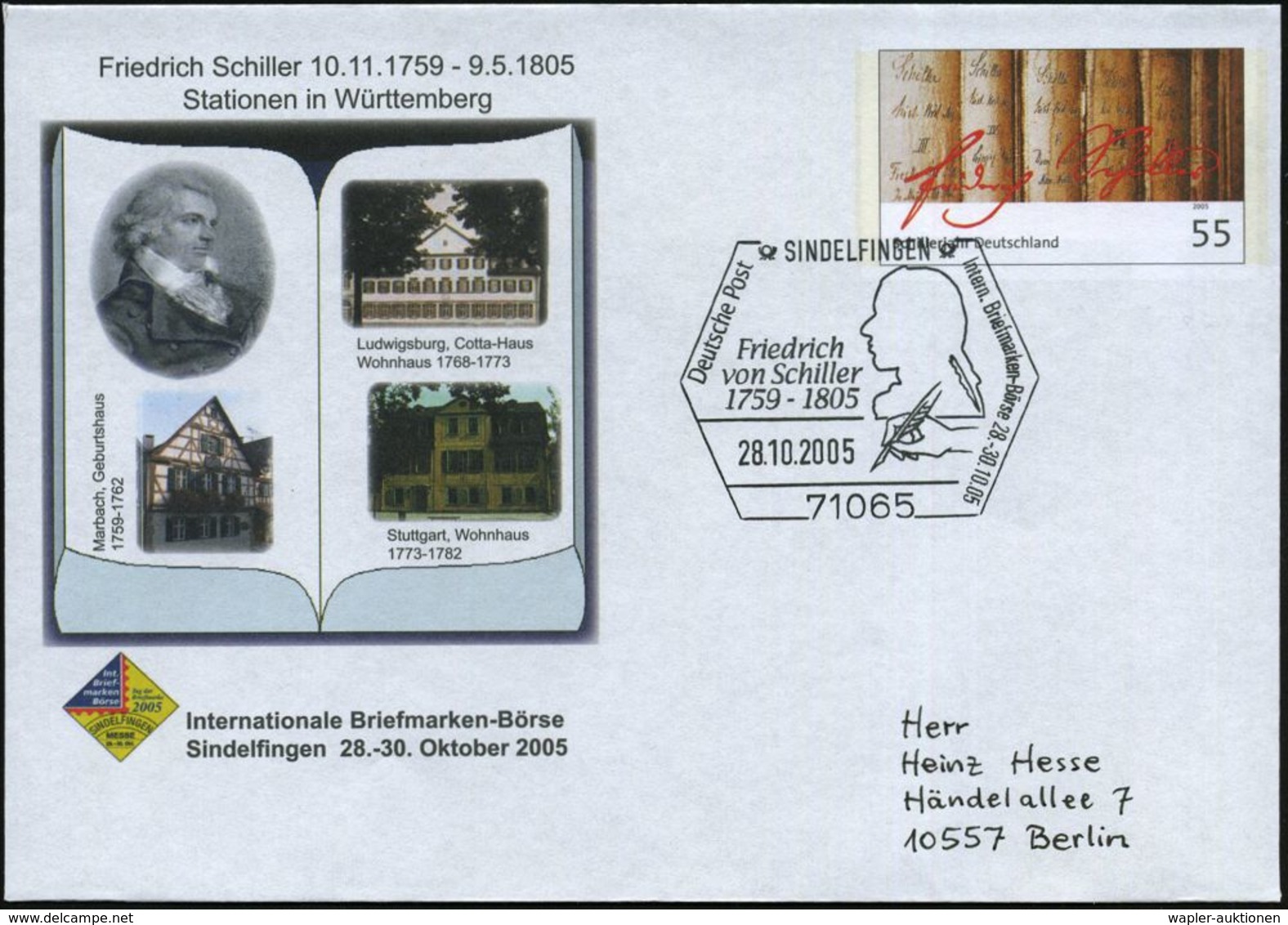 71065 SINDELFINGEN/ Friedrich/ Von Schiller/ 1759-1805.. 2005 (28.10.) SSt = Schiller-Silhouette Etc. Auf Sonder-U.: 55  - Schriftsteller