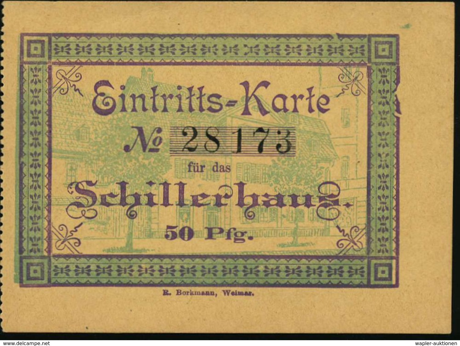 Weimar 1911 (ca.) Orig. Eintrittskarte "Schillerhaus" (Schillerhaus) Mit Dekorat. Grafik - Rudern & Regattas / Rowing /  - Ecrivains