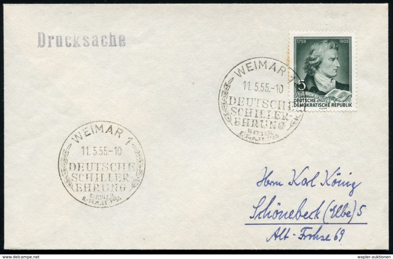 WEIMAR 1/ DEUTSCHE/ SCHILLER-/ EHRUNG.. 1955 (Mai) SSt Auf EF 5 Pf. F.Schiller (Mi.464 A , EF) Inl.-Bf. (Bo.50) - Rudern - Ecrivains