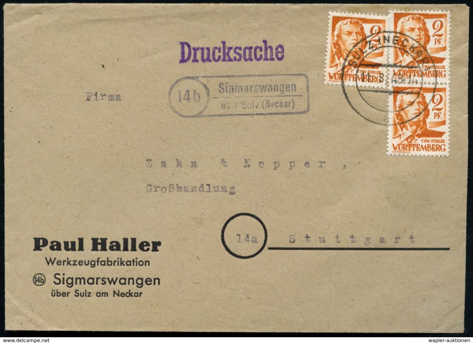 WÜRTTEMBERG 1948 (11.8.) Schiller 2 Pf. Orange, Reine MeF: 3 Stück , Klar Gest.: 2K-Steg: SULZ (NECKAR) + PSt.II-Ra: (14 - Ecrivains