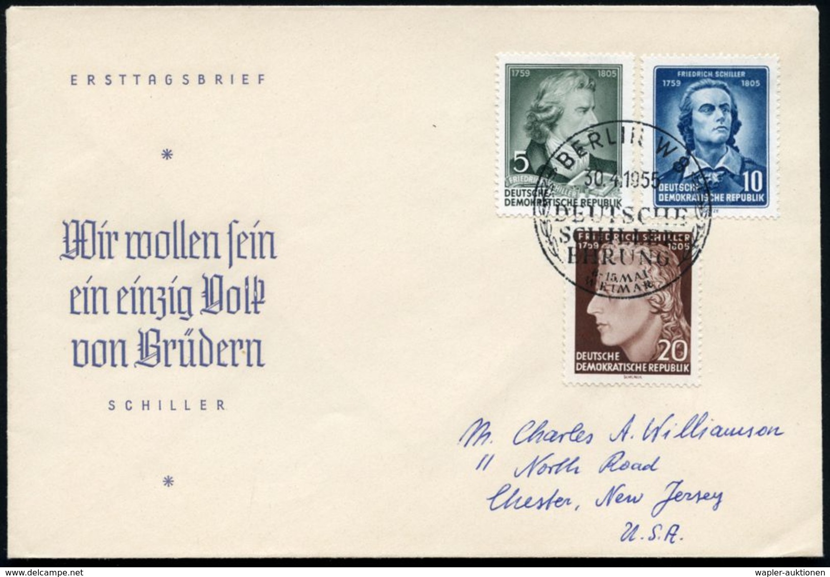 D.D.R. 1955 (30.4.) Schiller, Kompl. Satz (Mi.464/66 A) + ET-SSt. (BERLIN W8) Übersee-FDC-SU (Bo.661) - Rudern & Regatta - Ecrivains