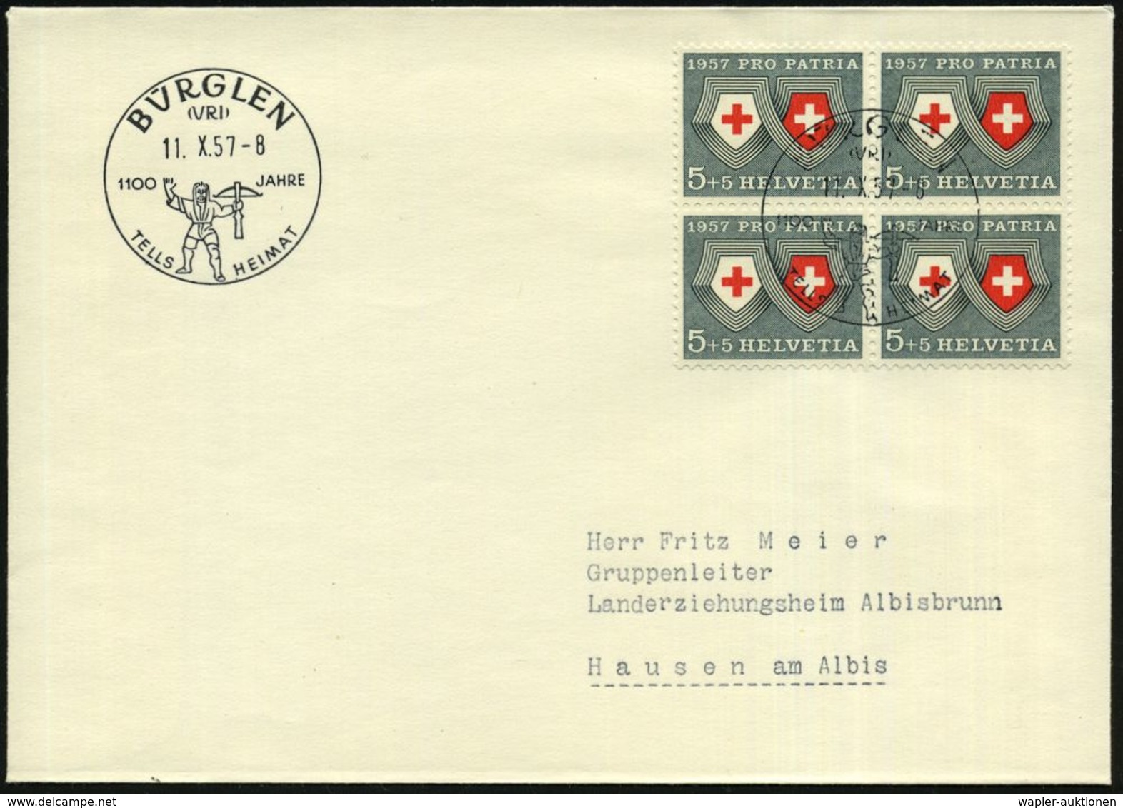 SCHWEIZ 1957 (30.10.) HWSt: BÜRGLEN/(URI)/1100 JAHRE/TELLS HEIMAT = Tell Mit Armbrust (nach Ferd. Hodler) Inl.-Bf. - Kan - Ecrivains