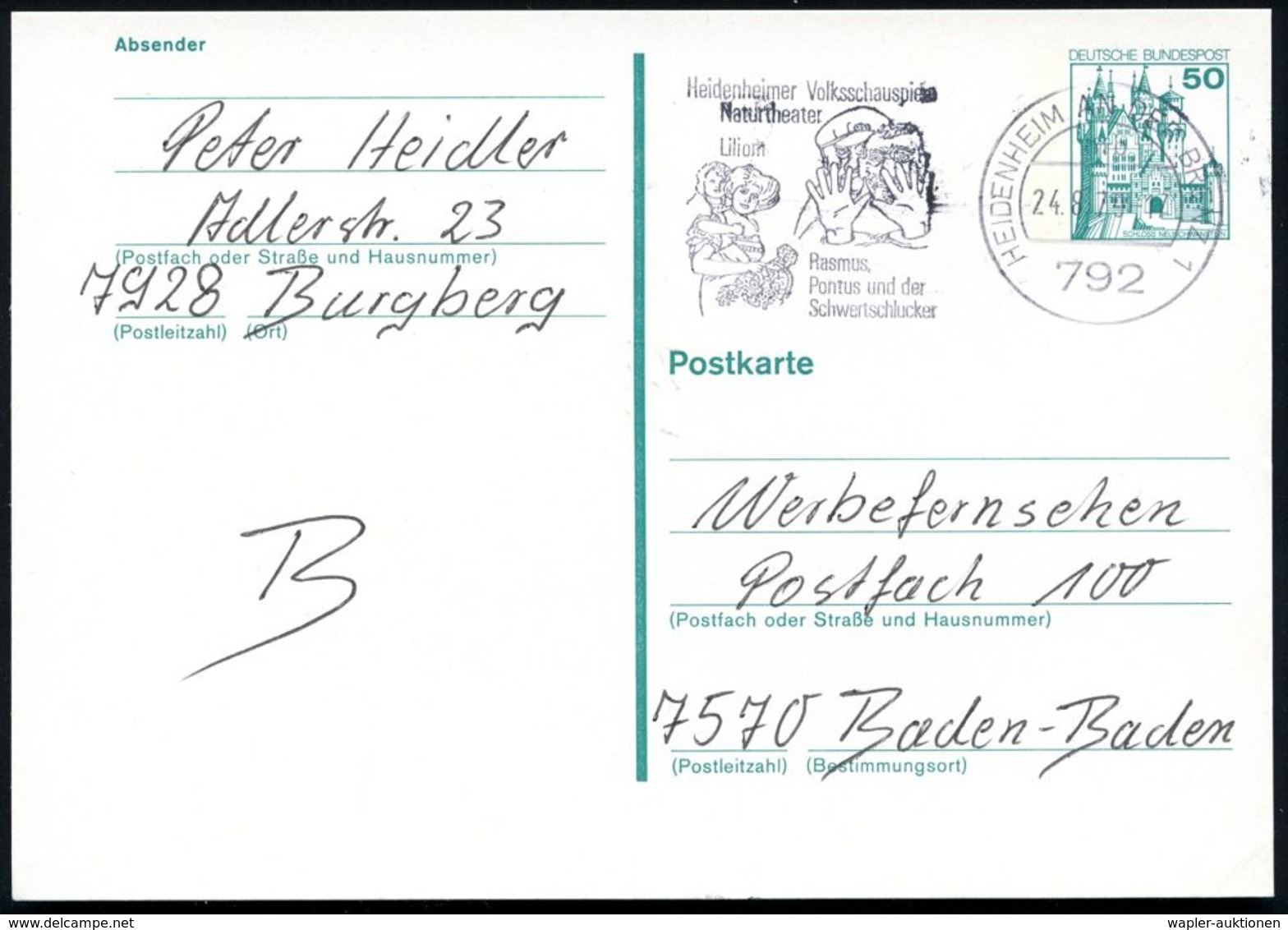 792 HEIDENHEIM N DER BRENZ 1/ Mb/ ..Volksschauspiel/ Liliom/ Rasmus,Pontus U.dder/ Schwert-schlucker 1979 (24.8.) MWSt = - Scrittori