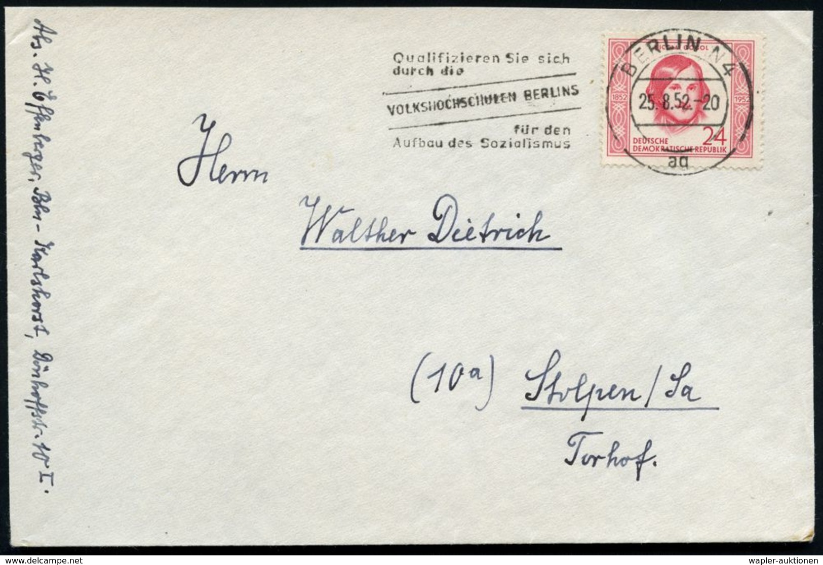 D.D.R. 1952 (25.8.) 24 Pf. Nikolaj Gogol, EF Klar Gest. (Berlin N 4) Rs. Fehlt Klappe, Inl.-Bedarfs-Bf. (Mi.313 , EF) -  - Schriftsteller