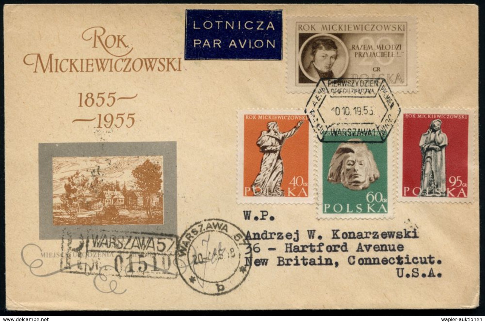 POLEN 1955 (10.10.) Adam Mickiewicz, Kompl.Satz + ET-SSt. (WARSZAWA) + R-Stempel: WARSZAWA 57, Übersee-Flp.-R-FDC  (Mi.9 - Scrittori