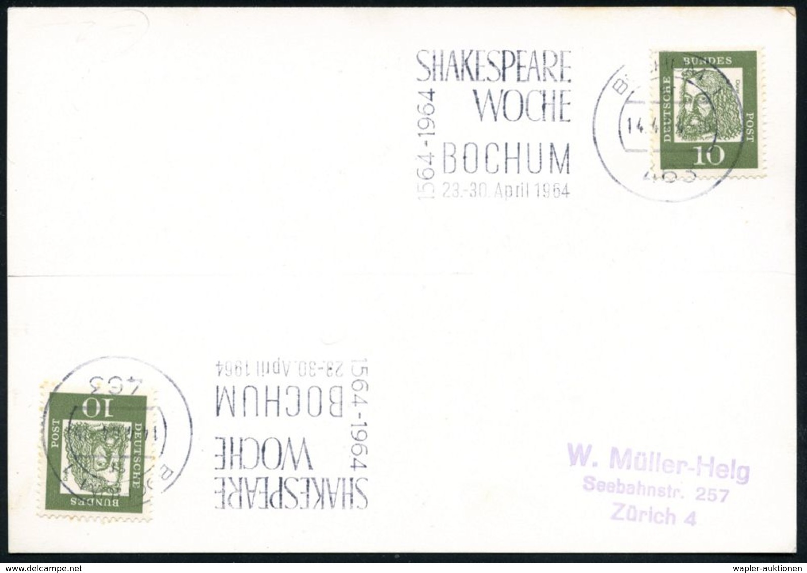 463 BOCHUM 1/ Sr/ SHAKESPEARE/ WOCHE/ 23.-30.April 1964 (1.4.) Seltener MWSt (Orts Etw.schwach) Seltener Inl.-Bf., (Bo.6 - Scrittori