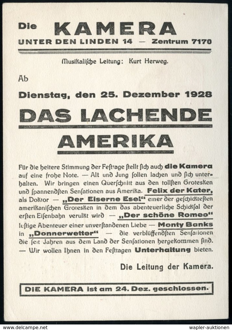 BERLIN NW/ *7IV 1928 (24.12.) PFS 3 Pf. Auf Reklame-Kt: Die Kamera..DAS LACHENDE AMERIKA .."Felix Der Kater", "Der Eiser - Théâtre