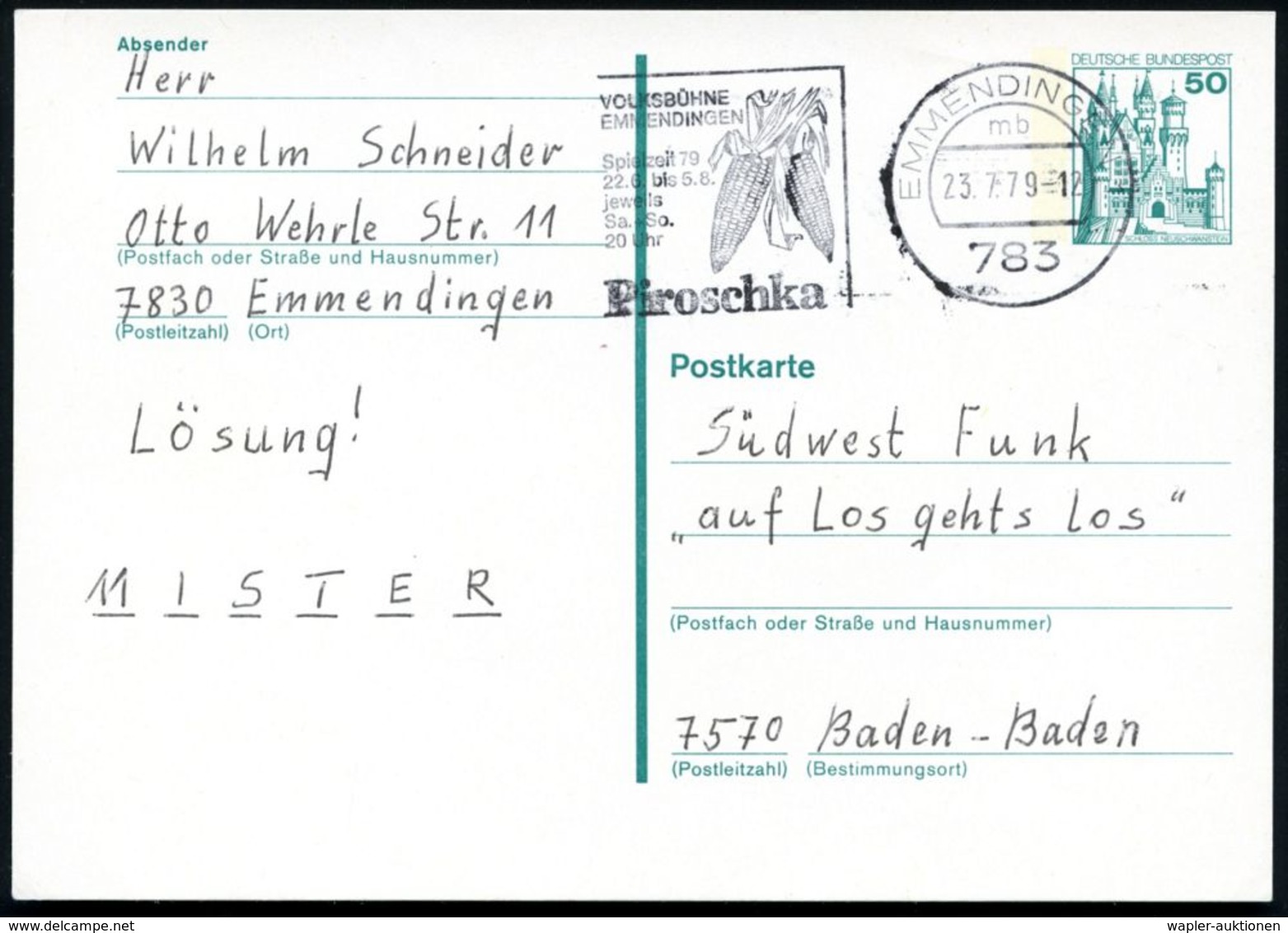 783 EMMENDINGEN 1/ Mb/ VOLKSBÜHNE../ Piroschka 1979 (23.7.) MWSt = Theaterstück Nach Roman Von Hugo Artung (1954) = 2 Ma - Théâtre