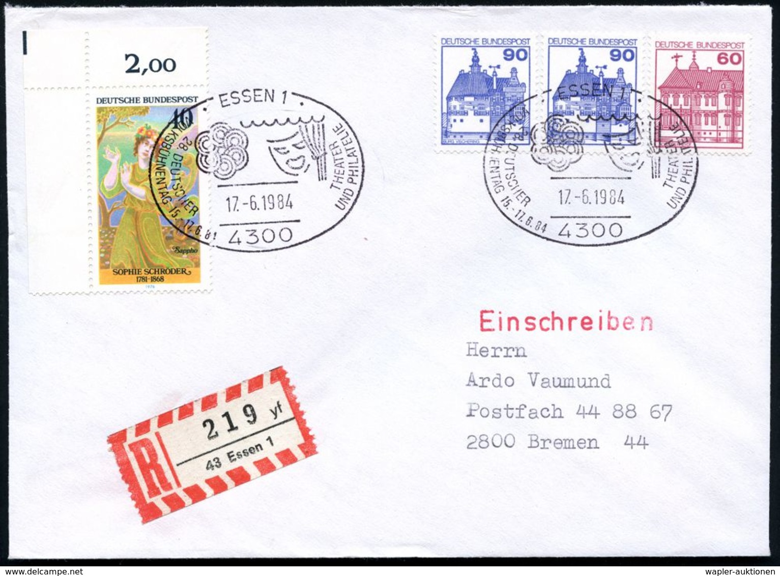 4300 ESSEN 1/ 28.DEUTSCHER/ VOLKSBÜHNENTAG.. 1984 (17.6.) SSt = Marke, Vorhang Etc. 2x + RZ: 43 Essen 1/y F, Klar Gest.  - Théâtre