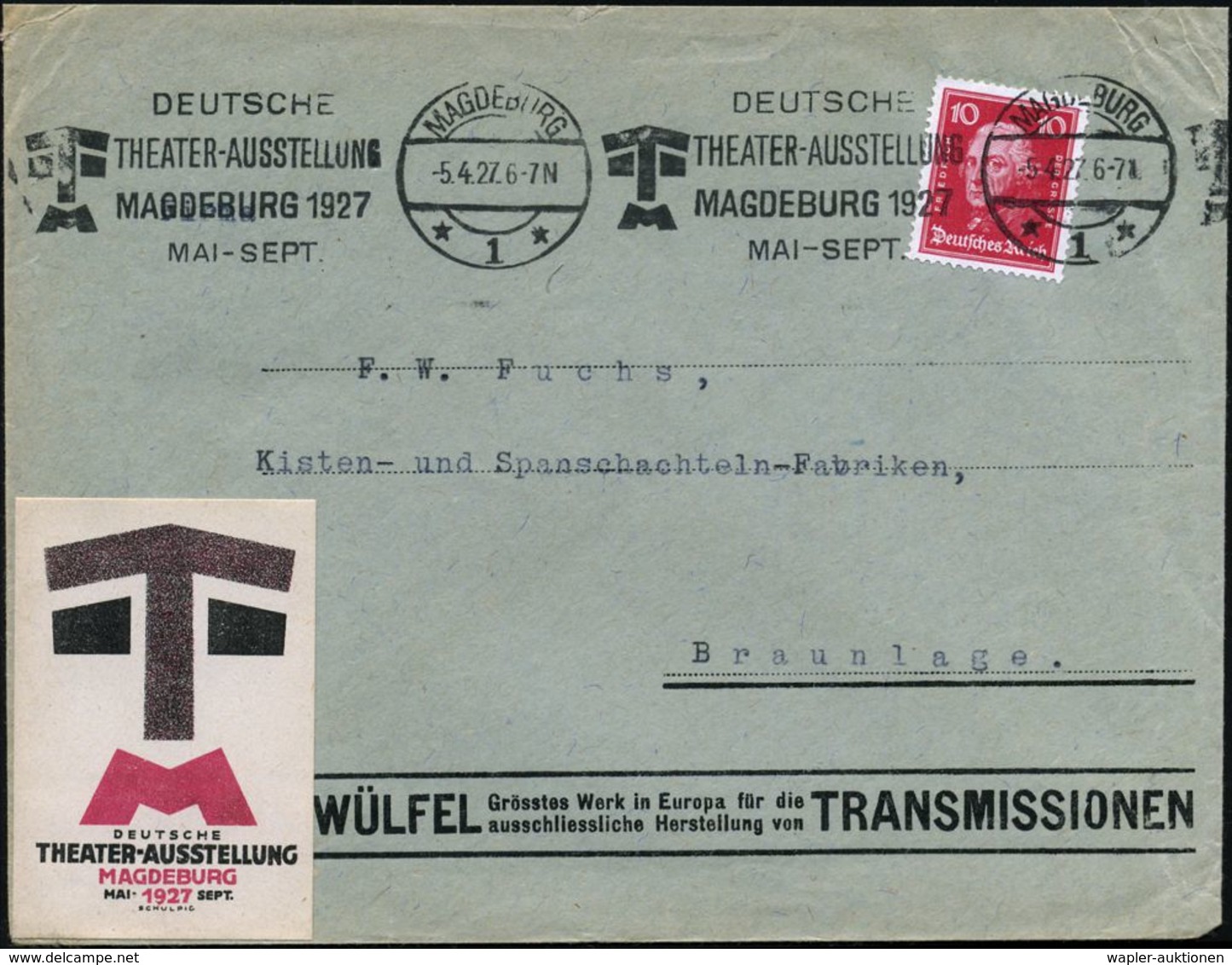 MAGDEBURG/ *1*/ DEUTSCHE/ THEATER-AUSSTELLUNG.. 1927 (25.3.) BdMWSt (Monogr.-Logo) + Motivgl., Amtl. Reklame-Vignette (s - Théâtre