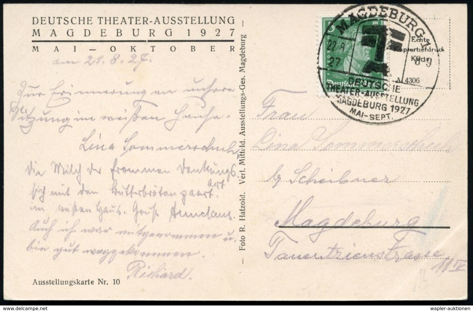 MAGDEBURG 1/ DEUTSCHE/ THEATER-AUSSTELLUNG.. 1927 (22.8.) HWSt Auf Passender Foto-Ak.: DEUTSCHE THEATER-AUSSTELLUNG.. (K - Théâtre