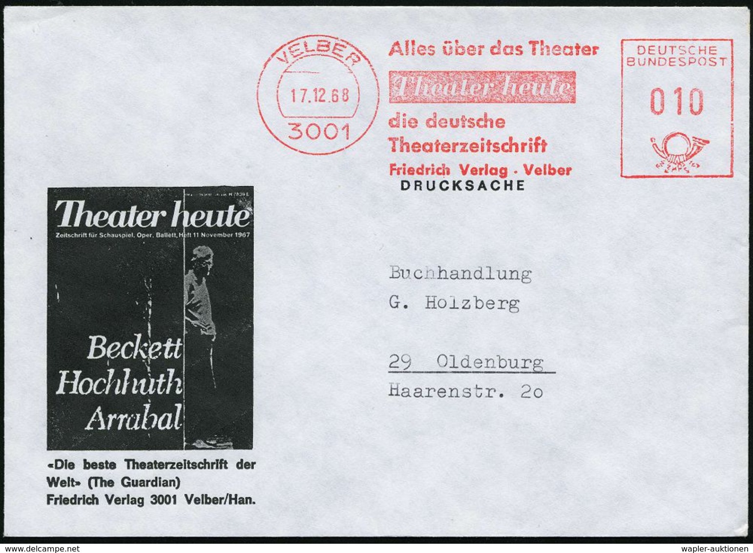 3001 VELBER/ ..Theater Heute/ D.deutsche/ Theaterzeitschrift/ Friedrich Verlag 1968 (17.12.) AFS Auf Reklame-Bf.: Theate - Théâtre
