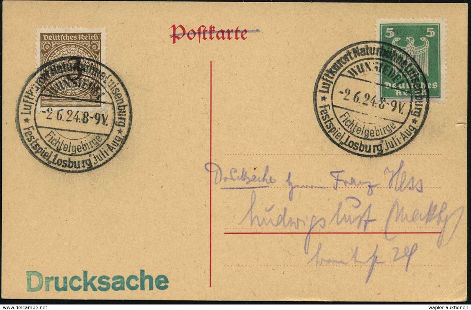 WUNSIEDEL/ FICHTELGEBIRGE/ ..Naturbühne Luisenburg/ Festspiel "Losburg" Juli-Aug. 1924 (2.6.) Seltener HWSt 2x Auf Inl.- - Théâtre