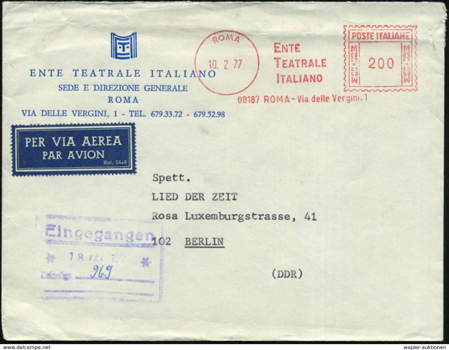 ITALIEN 1977 (10.2.) AFS.: ROMA/ENTE/TEATRALE/ITALIANO.. (General-Direktion) Dekorat. Dienst-Bf. (Theater-Maske) Ausl.-F - Théâtre