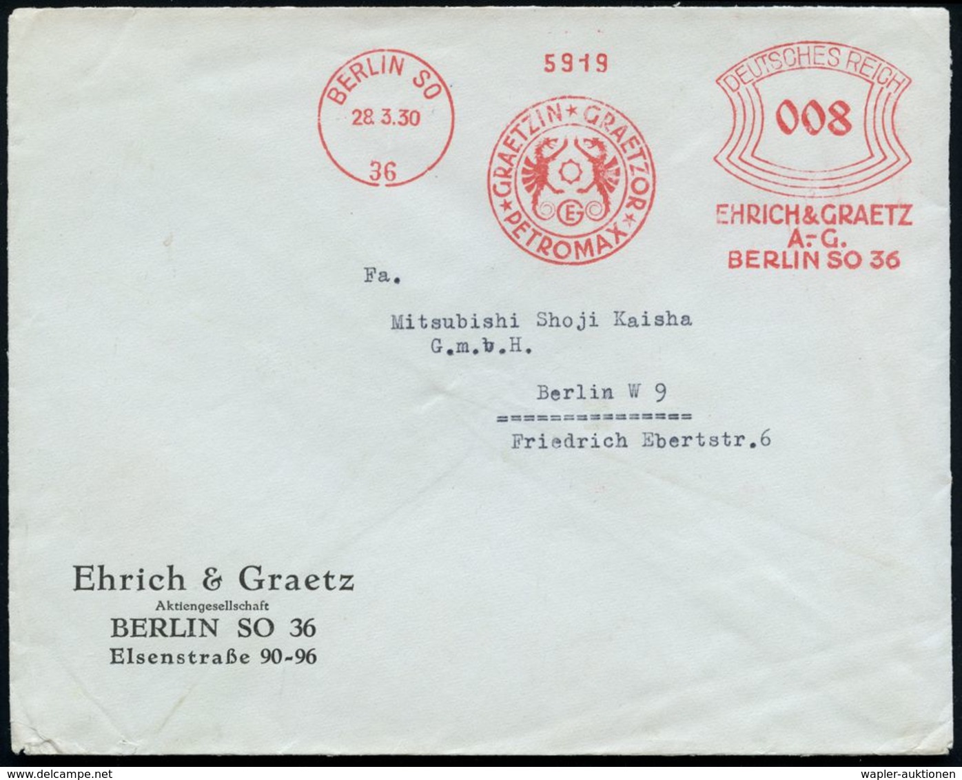 BERLIN SO/ 36/ GRAETZIN GRAETZOR/ PETROMAX/ EHRICH & GRAETZ/ A-G. 1930 (28.3.) Dekorativer AFS = 2 Geflügelte Drachen ,  - Scrittori