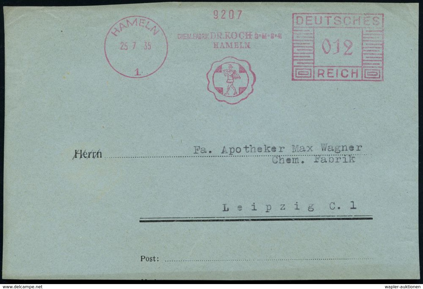 HAMELN/ 1/ CHEM.FABRIK DR.KOCH GMBH. 1939 (25.7.) AFS = Logo Mit Rattenfänger (u. Flöte) Klar Auf Bedarfs-Vorderseite (D - Ecrivains
