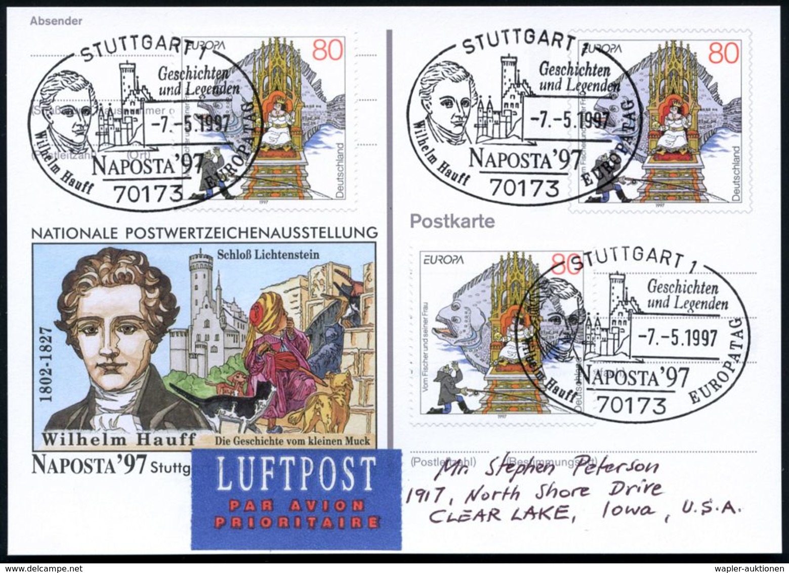 70173 STUTTGART/ Wilhelm Hauff.. 1997 (7.5.) SSt Auf Motiv-ähnl. Sonder-P 80 Pf. NAPOSTA "Wilhelm Hauff" = Kleiner Muck  - Writers