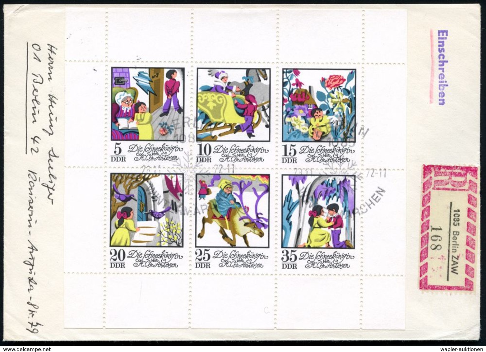 D.D.R. 1972 (28.11.) "Die Schneekönigin" Kompl. Kleinbogen + ET-SSt + Sonder-RZ: 1085 Berlin Z A W (= Versandstelle) Rs. - Ecrivains