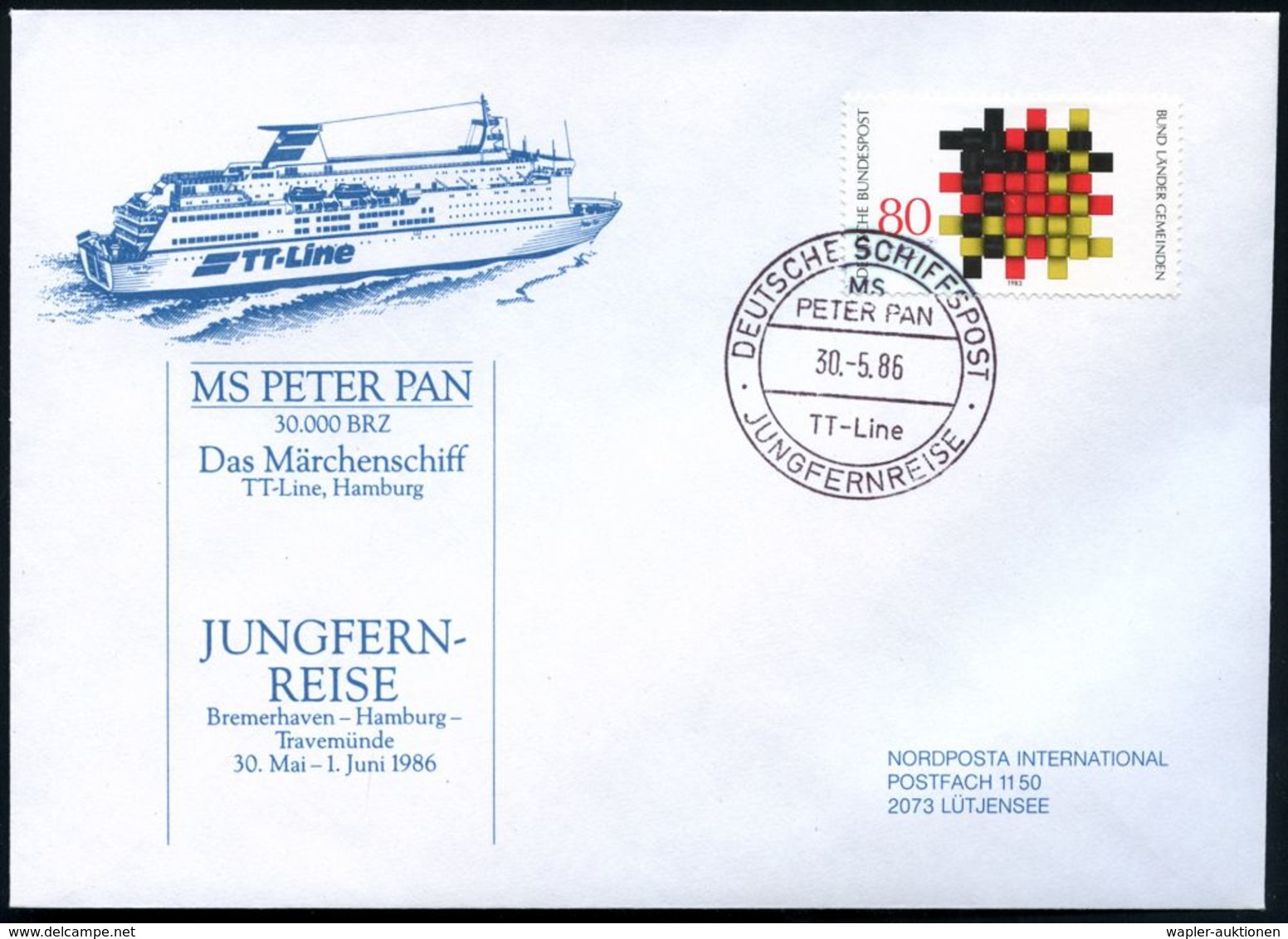 B.R.D. 1986 (30.5.) 2K-BPA: DEUTSCHE SCHIFFSPOST/MS/PETER PAN/TT-Line/JUNGFERNREISE Klar Auf Passendem Schiffspost-SU: M - Escritores