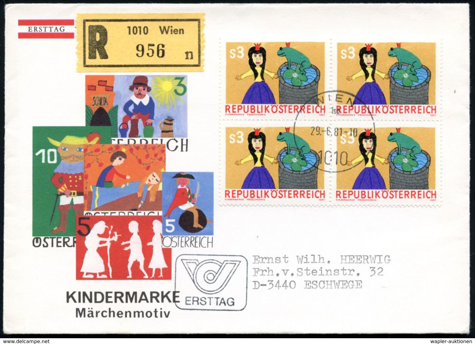 ÖSTERREICH 1981 (29.6.) 3 S. Froschkönig, Reine MeF: 4er-Block + Einzelstück + RZ: 1010 Wien/n, Ausl-R-SU.!  (Mi.1674 Me - Scrittori