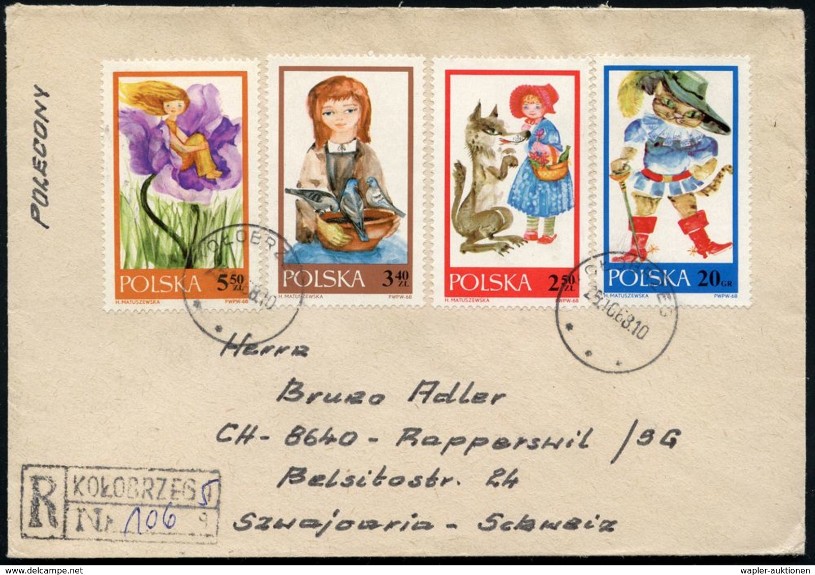 POLEN 1968 (Okt.) Märchen, Kompl. Satz Klar Gest. + R-Stempel: KOLOBRZEG 5 (Kolberg), 2 Ausl.-Flp.-R-Briefe  (Mi.1828/35 - Ecrivains