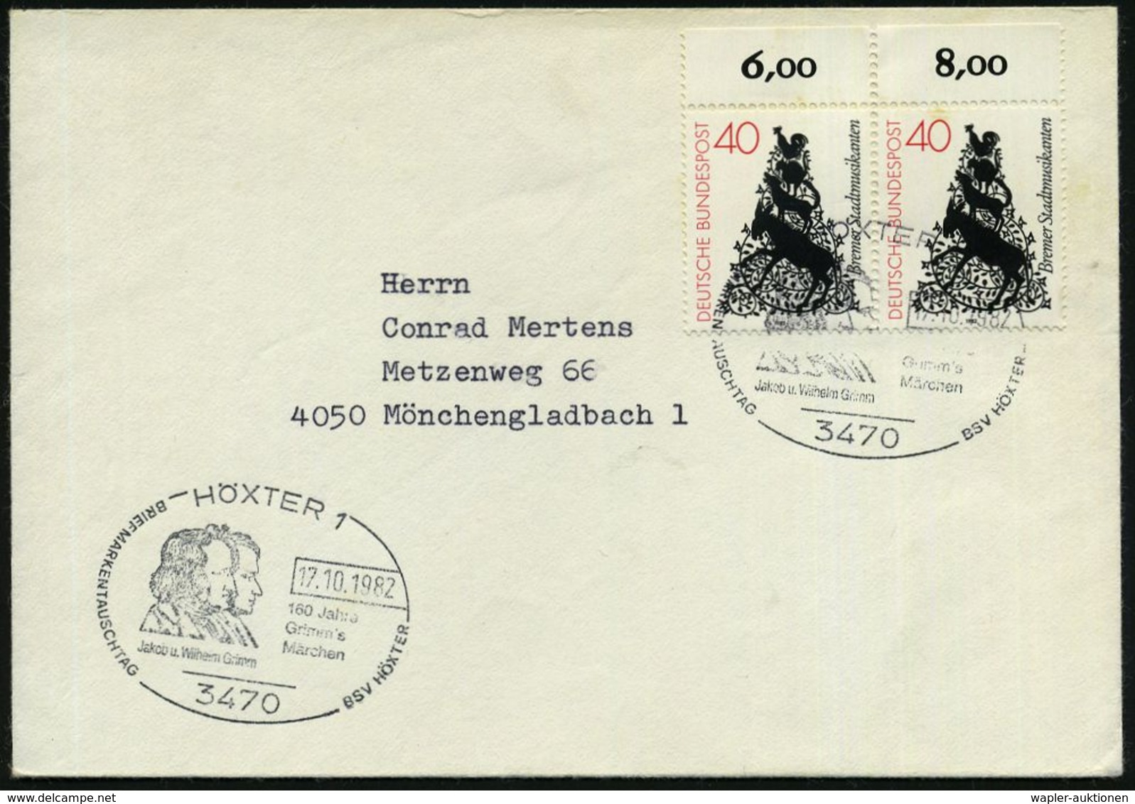 3470 HÖXTER 1/ 160 Jahre/ Grimm's/ Märchen.. 1982 (17.10.) SSt = Gebr. Grimm Auf Rand-Paar 40 Pf. Märchen "Bremer Stadtm - Ecrivains