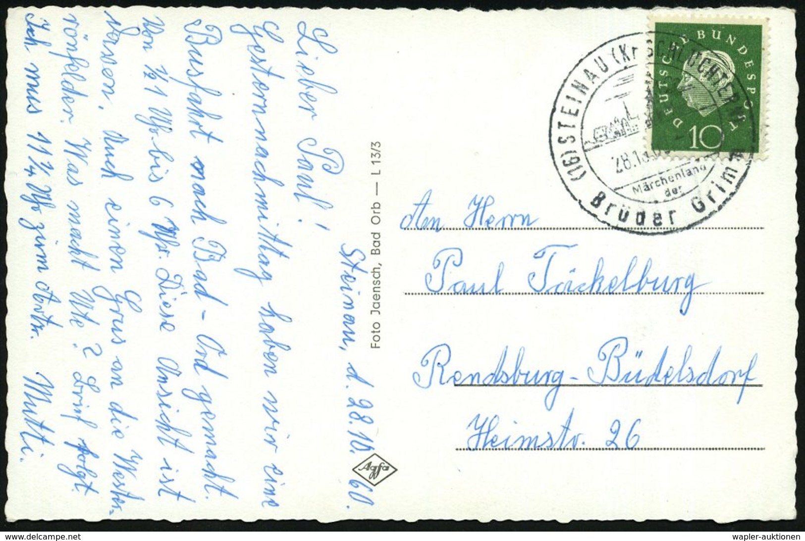 (16) STEINAU (Kr SCHLÜCHTERN)/ Märchenland/ Der/ Brüder Grimm 1960 (28.10.) HWSt (Ort) Klar Gest. Bedarfs-Kt. (Bo.1) - D - Ecrivains