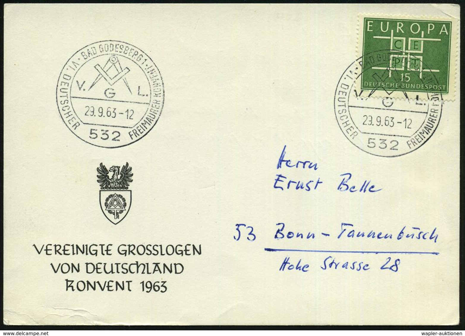 5320 BAD GODESBERG 1/ V.G.L./ DEUTSCHER FREIMAURERKONVENT 1963 (29.9.) Seltener SSt = Zirkel U. Winkelmaß = V Ereinigte  - Francmasonería