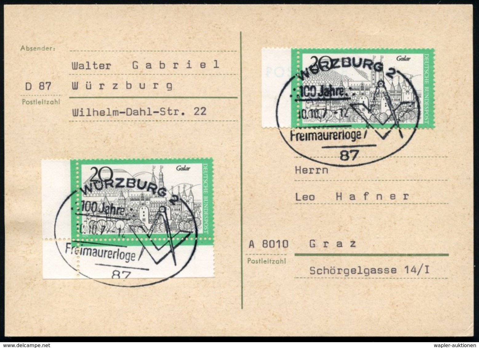 87 WÜRZBURG 2/ 100 Jahre/ Freimaurerloge 1971 (10.10.) SSt = Zirkel U. Winkelmaß , 2x Klar Auf Ausl.-Karte (Bo.94) - Tex - Freimaurerei