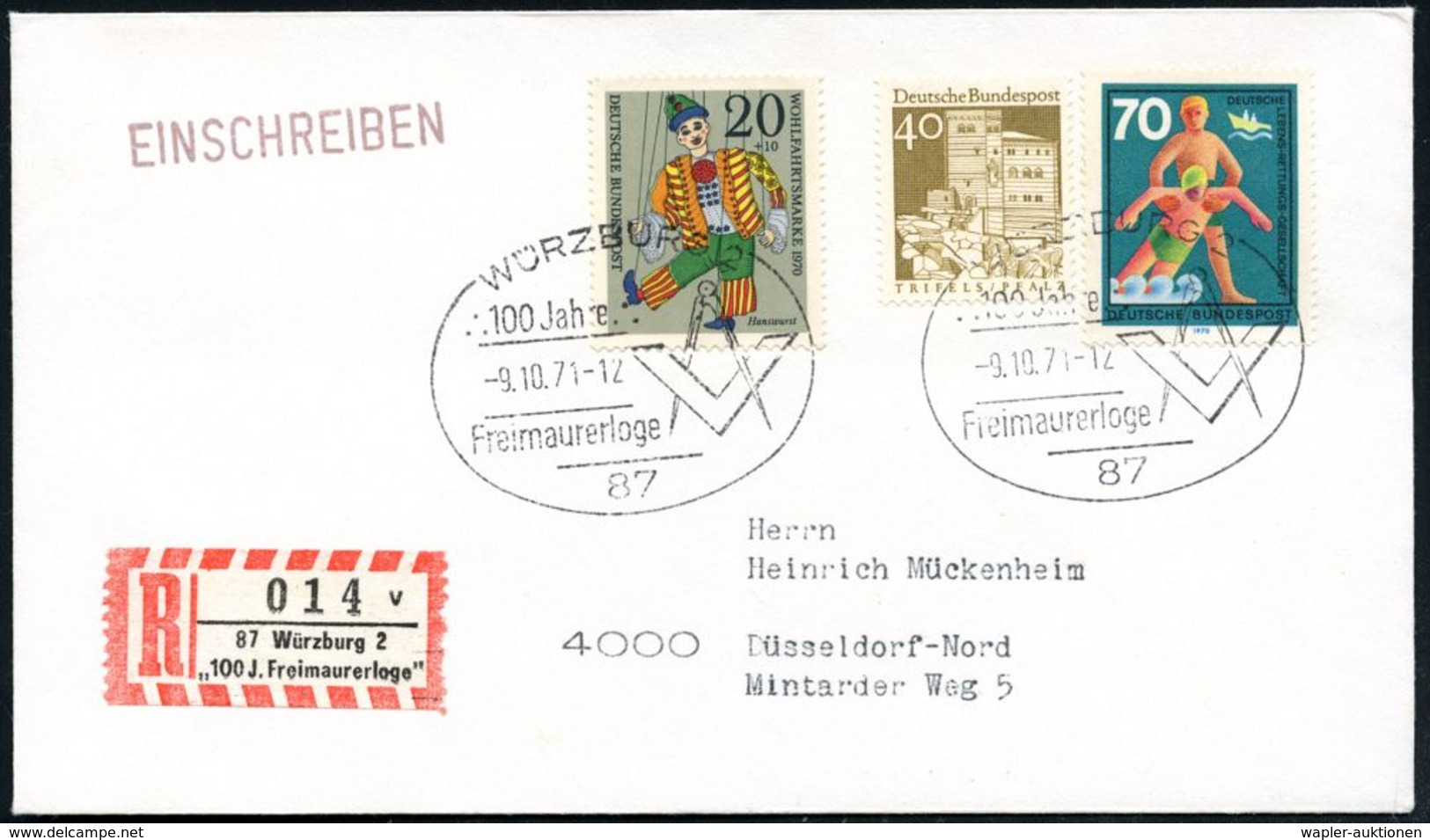 87 WÜRZBURG 2/ 100 Jahre/ Freimaurerloge 1971 (9.10.) SSt = Zirkel U. Winkelmaß 2x + Sonder-RZ: 87 Würzburg 2/"100 J. Fr - Franc-Maçonnerie