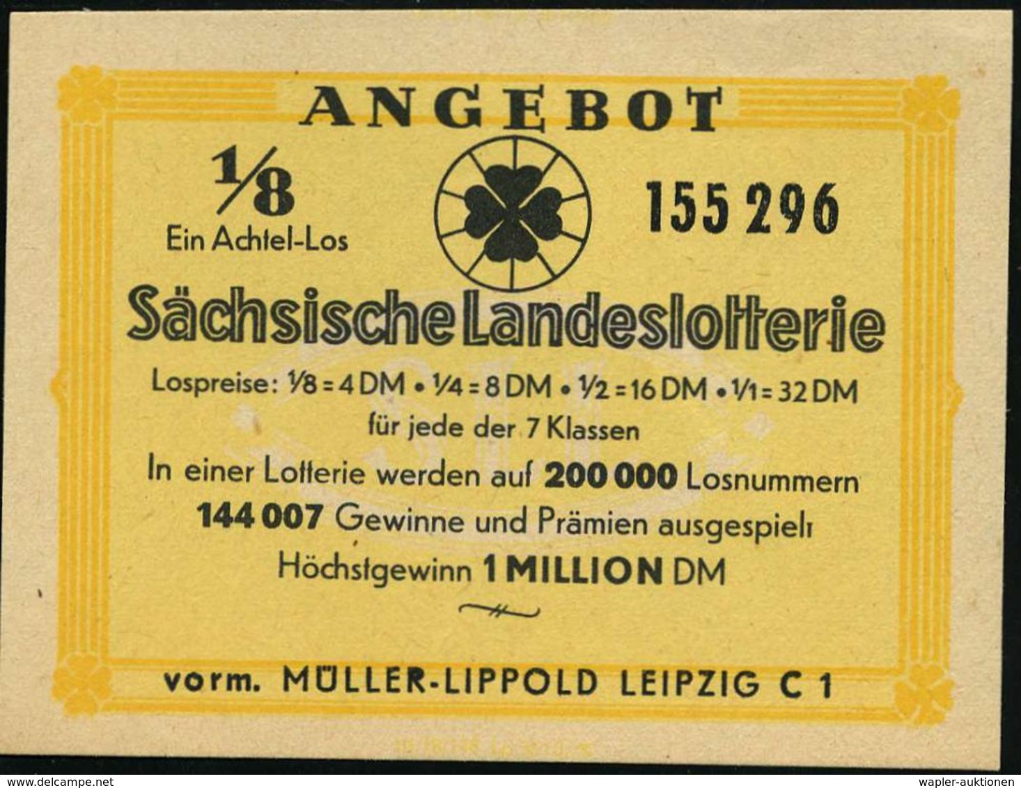 LEIPZIG BPA 32/ Am/ 130 Jahre/ Sächsische/ Landeslotterie 1961 (13.6.) BdMWSt = Lotterie-Fa. Müller-Lippold (verstaatlic - Non Classés