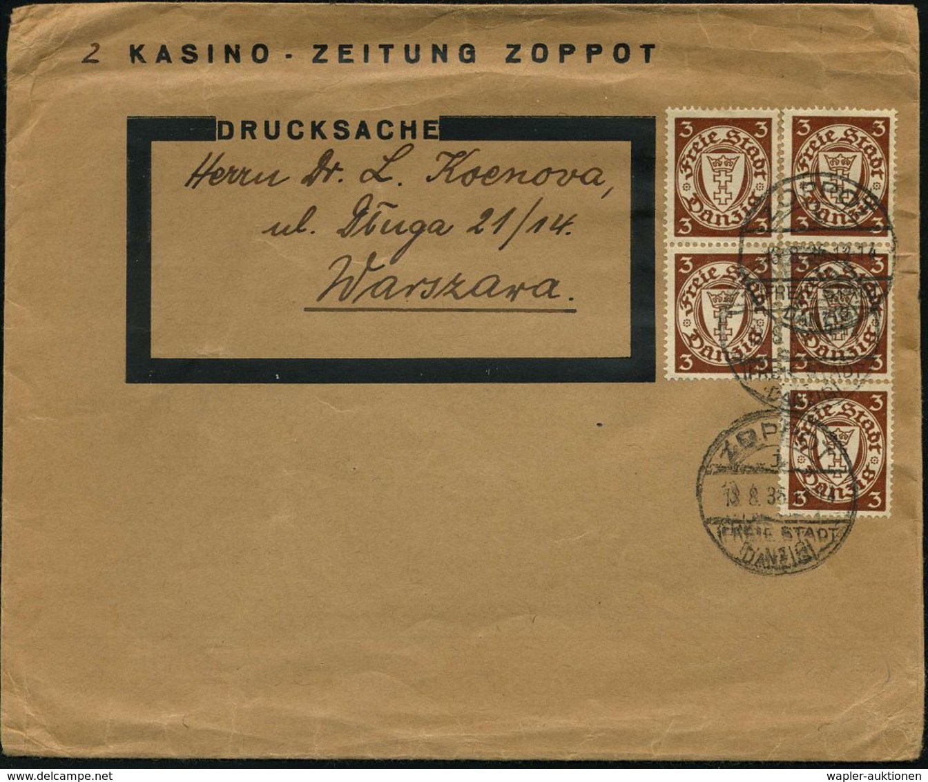DANZIG 1936 (18.8.) 1K-Brücke: ZOPPOT/i/FREIE STADT/DANZIG Auf Passendem Firmen-Bf.: KASINO-ZEITUNG ZOPPOT , + 5x 3 Pf.  - Sin Clasificación