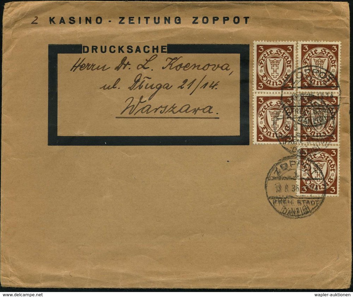 DANZIG 1936 (18.8.) 1K-Brücke: ZOPPOT/i/FREIE STADT/DANZIG Auf Passendem Firmen-Bf.: KASINO-ZEITUNG ZOPPOT , + 5x 3 Pf.  - Non Classés