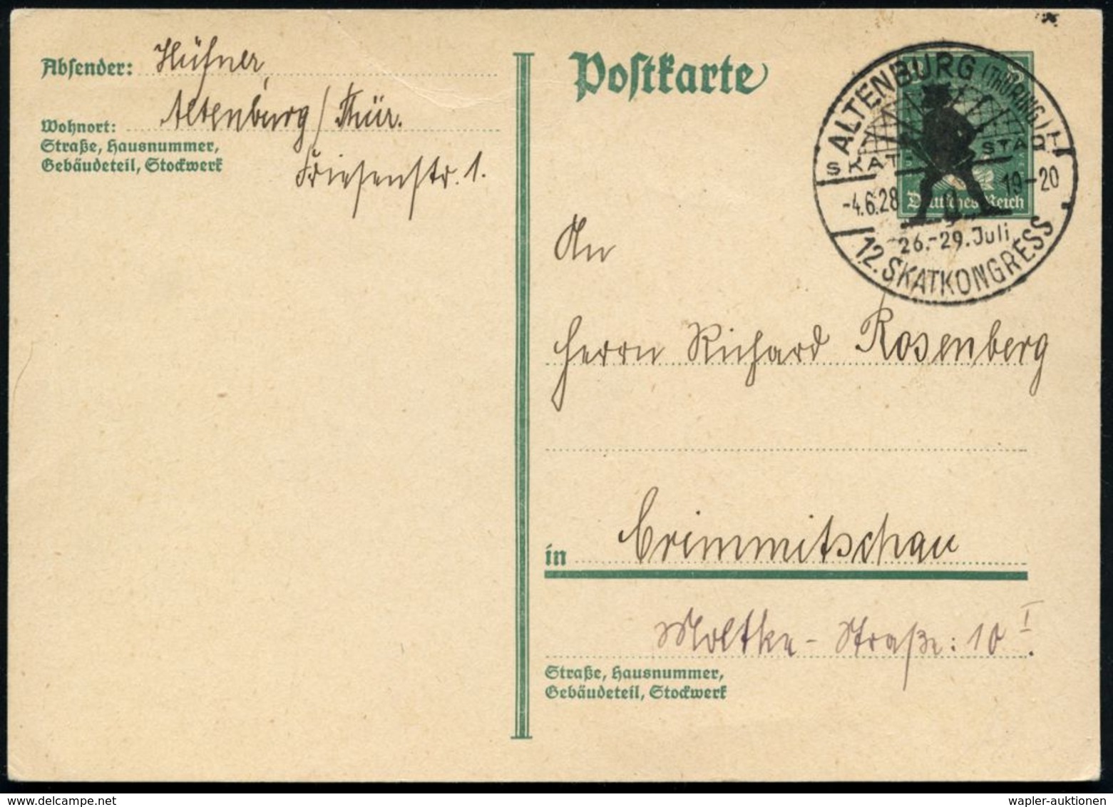 ALTENBURG (THÜRING)/ SKATSTADT/ 26.-29.Juli/ 12.SKATKONGRESS 1928 (6.4.) HWSt = Eichel-Bube, Gefächerte Spielkarten (Rüc - Sin Clasificación