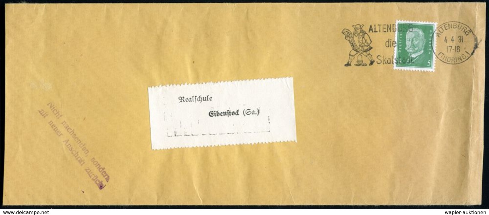 ALTENBURG(THÜRING)/ Die Skatstadt 1931 (Apr.) MWSt (= Eichel-Bube Mit Französ. Spielkarten, Langformatiger Bedarfsbf. (B - Non Classés