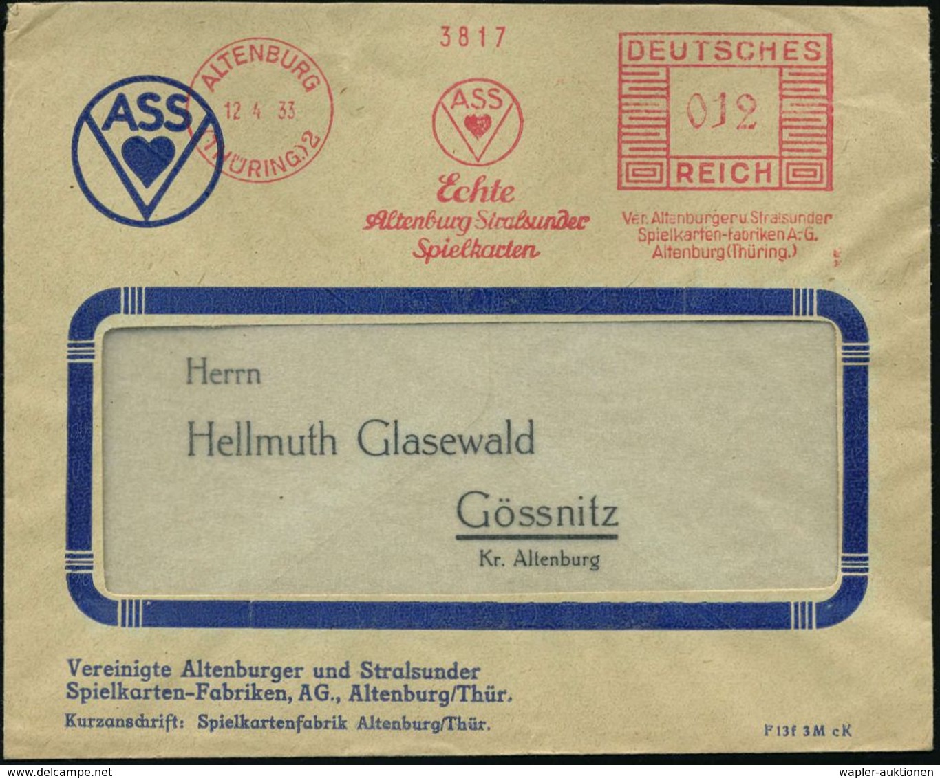 ALTENBURG/ (THÜRING)2/ ASS/ Echte/ Altenburg Stralsunder/ Spielkarten.. 1933 (12.4.) AFS = Spitze Vom Herz-Ass , Motivgl - Non Classés