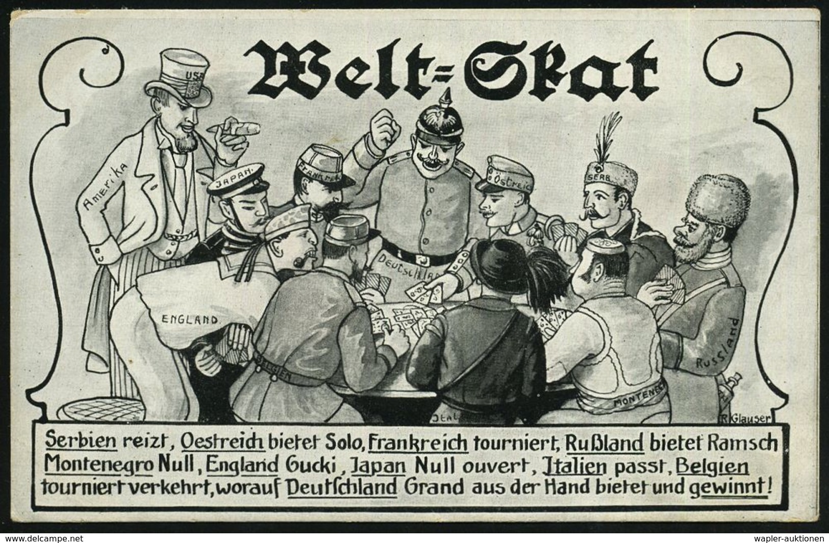 DEUTSCHES REICH 1914 S/w.-Propaganda-Künstler-Ak.: Welt-Skat, Serbien Reizt.. Deutschland Grand..gewinnt! (Amerika Schau - Non Classés