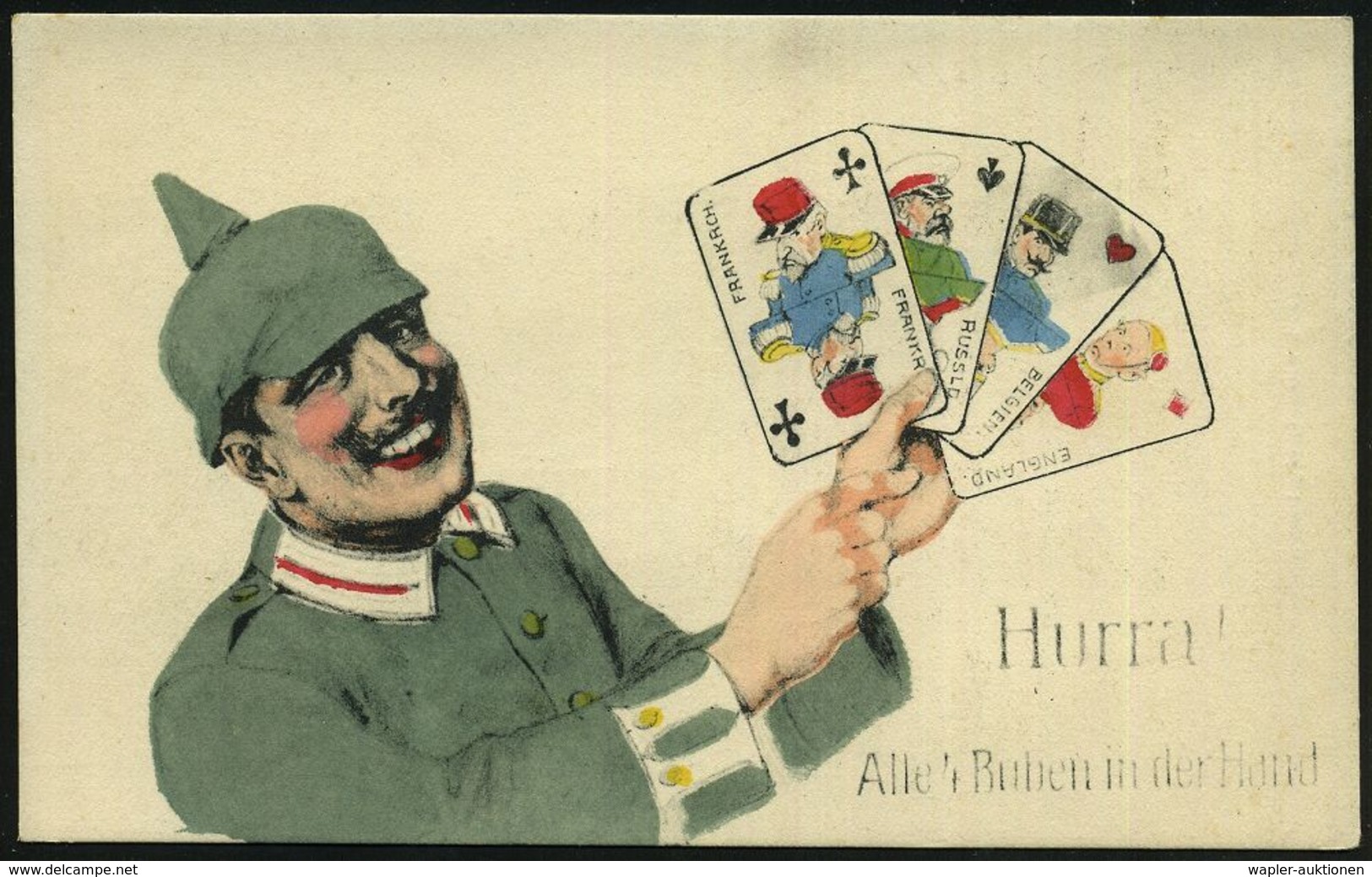 DEUTSCHES REICH 1914 Color-Propaganda-Künstler-Ak.: Hurra Alle 4 Buben In Der Hand = Deutscher Soldat Mit 4 Spielkarten: - Sin Clasificación