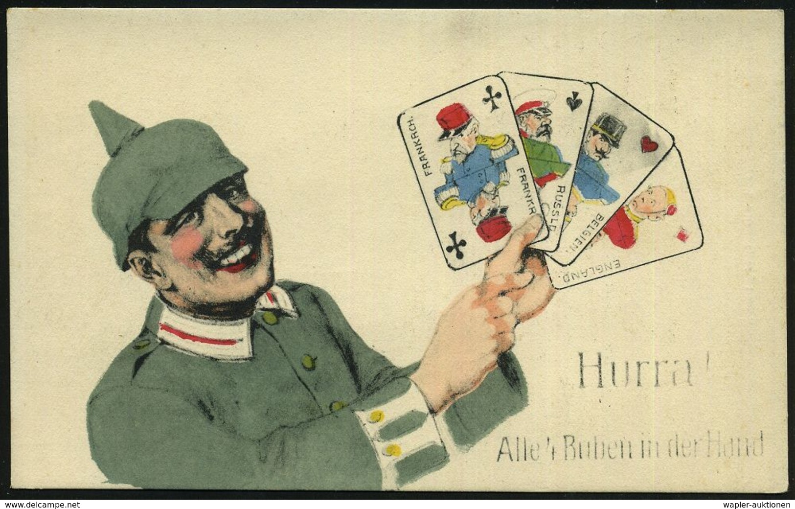 DEUTSCHES REICH 1914 Color-Propaganda-Künstler-Ak.: Hurra Alle 4 Buben In Der Hand = Deutscher Soldat Mit 4 Spielkarten: - Non Classés