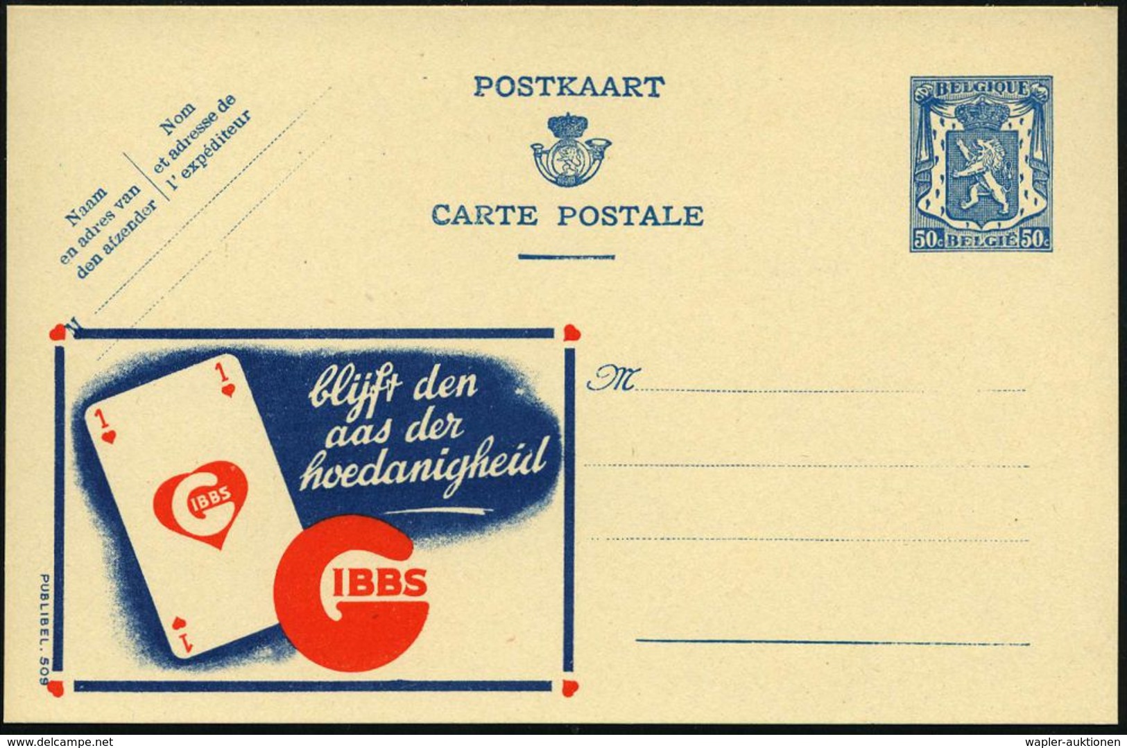 BELGIEN 1941 50 C. Reklame-P., Wappenlöwe, Blau: GIBBS/blijft Den Aas.. = Herz-As , Fläm. Text, Ungebr. (Mi.P 510 A II / - Non Classés
