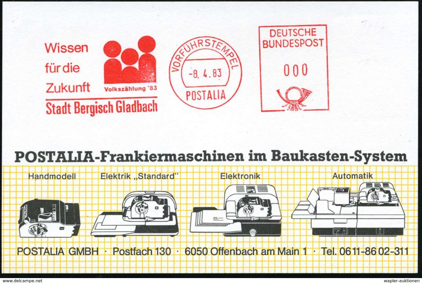 BERGISCH GLADBACH 1983 (8.4.) AFS: VORFÜHRSTEMPEL/POSTALIA/Wissen/für Die/Zukunft/ Volkszählung '83 (stilis. Bürger) Sel - Sin Clasificación